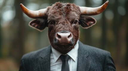 A surreal image of a bull's head on a man in a suit, merging animal and human elements, exploring identity, nature, and societal roles in a striking and thought-provoking way.