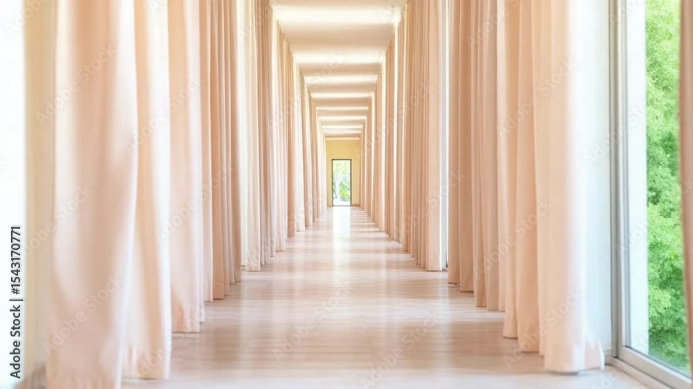 Poster hallway of light and shadow: an inviting, endless hallway with elegant curtains frames an open doorw