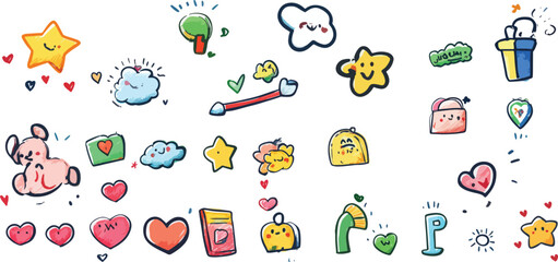 Fototapeta premium Cute heart, flower, animal doodles