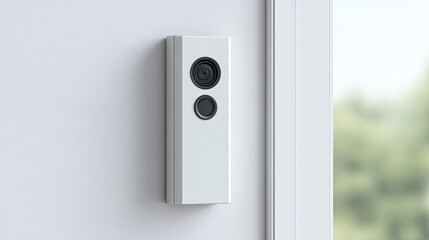 Naklejka premium Smart home video doorbell mounted on white wall near window