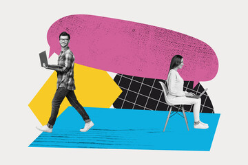 Poster image sketch full collage of happy girl guy hold laptop type message bubble notification...