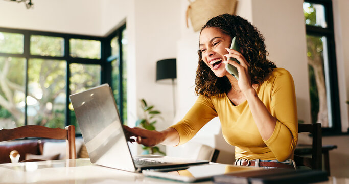 Woman, laptop and happy with phone call for remote work from home with point, excited or proposal. Person, freelance writer and smartphone with contact, review or networking for funding deal at house