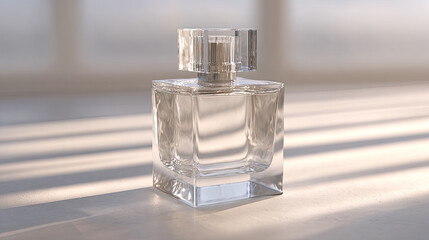 Clear glass perfume bottle with elegant design on table