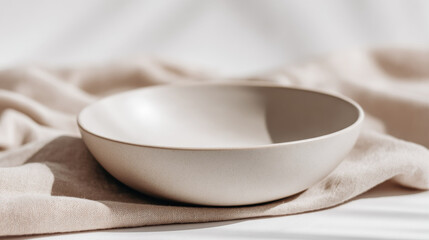 Minimalist ceramic bowl on soft beige fabric with natural light