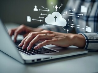 Hands typing on laptop keyboard with digital cloud computing icons, illustrating data upload, storage, and modern technology connection