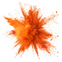 bright orange paint color powder festival explosion burst isolated white background. industrial print concept background