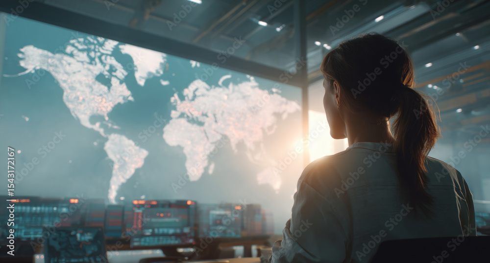 Poster A person observes a large digital map on a screen, tracking cargo transport logistics. The control center is well-equipped with technology to enhance navigation and efficiency.