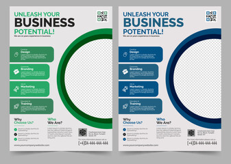 Corporate business flyer template design set with blue, orange, red and yellow color. marketing, business proposal, promotion, advertise, publication, cover page,  poster flyer with creative corporate