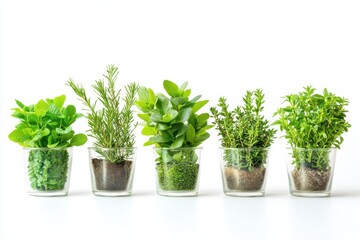 Obraz premium Fresh Herbs in Glass Jars Mint Rosemary Thyme Culinary Gardening Healthy 80 Char on White Background. Generative Ai