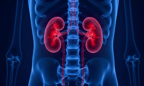 High-quality 3D medical illustration showcasing the human kidneys, highlighted in vibrant red, and their surrounding anatomical structures, including the spine and visible skeletal system in transluce
