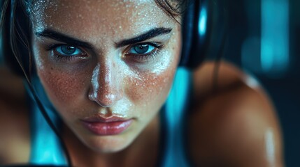 A close-up of a determined athlete training intensely, sweat glistening on their face as they focus on achieving peak performance amidst their workout environment.