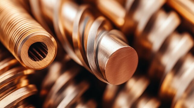 A meticulously arranged collection of metallic spirals and screws in a close-up view showcases intricate details, reflecting light beautifully, hinting at industrial design and craftsmanship.