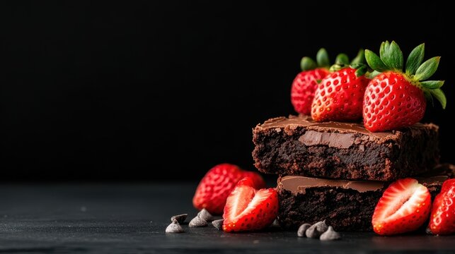 A delicious pairing of fudgy chocolate brownies topped with vibrant fresh strawberries and chocolate chips, evoking delightful indulgence and inviting tasty experiences.