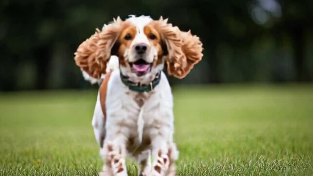 Happy English Springer Spaniel Puppy Running Joyfully Through Green Park in Wide Shot