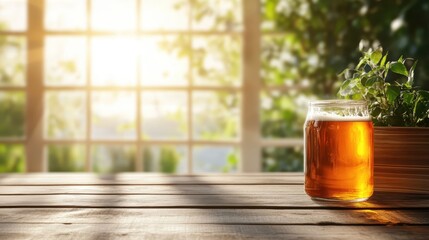 A glass jar of craft beer reflects warm sunlight on a rustic wooden table, symbolizing relaxation, social moments, and the enjoyable experience of savoring a quality brew.