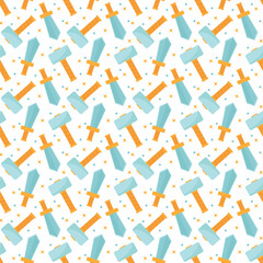 Game weapon background with adventure elements. Seamless sword and hammer pattern
