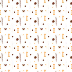 Seamless paw and bone pattern with dog treats. Pet background snack texture. Pet snacks