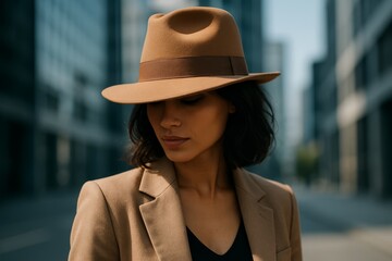 Stylish woman wearing a hat while walking in an urban setting on a bright sunny day