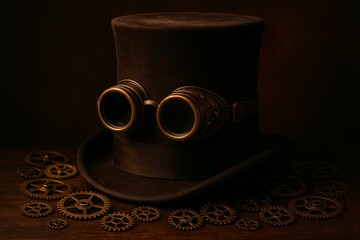 Vintage steampunk top hat with goggles and gears on a dark wooden surface in a workshop setting