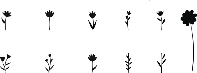 A set of black flower silhouettes in various forms, including:
– single blooms,
– full blossom top views,
– stemmed flowers,
– buds and petals,
– botanical leaves.
Each icon is delicately crafted in a