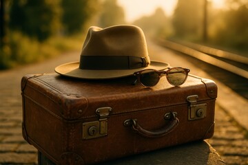 Vintage hat and sunglasses resting on leather suitcase at railway station during golden hour sunset