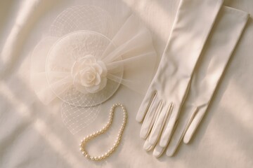 Elegant white accessories including a hat, gloves, and pearls arranged on a soft fabric background for a special occasion