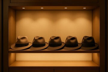 Collection of elegant hats displayed on a well-lit wooden shelf in a stylish boutique setting