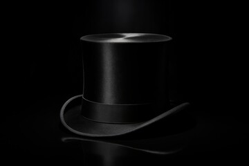 Elegant black top hat displayed against a dark background, highlighting its sophisticated design and shine