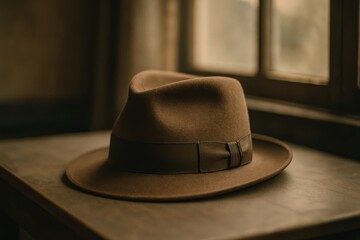 Vintage brown hat resting on a wooden table beside a window with soft light filtering through