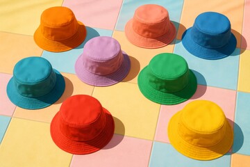 Colorful hats arranged on a vibrant pastel surface in a playful display during a sunny day