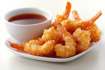 Golden fried shrimp with a side of dipping sauce, a delicious and crispy seafood dish.