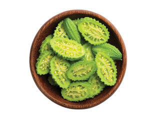 Bitter gourd Sliced wooden bowl isolated on transparent or white background
