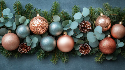 rose gold Christmas ornaments with eucalyptus leaves flatlay on soft white background 
