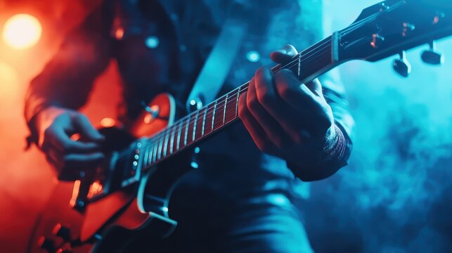 A close-up of a guitarist playing passionately under stage lights, capturing the energy and emotion of live music performance in a vibrant atmosphere filled with colorful lights.