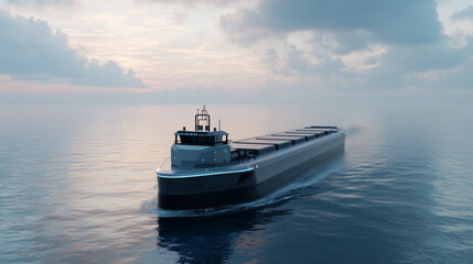 Obraz premium A cutting-edge cargo ship navigates smoothly across calm waters during early morning, demonstrating the efficiency of autopilot technology and advanced navigation systems in maritime logistics.