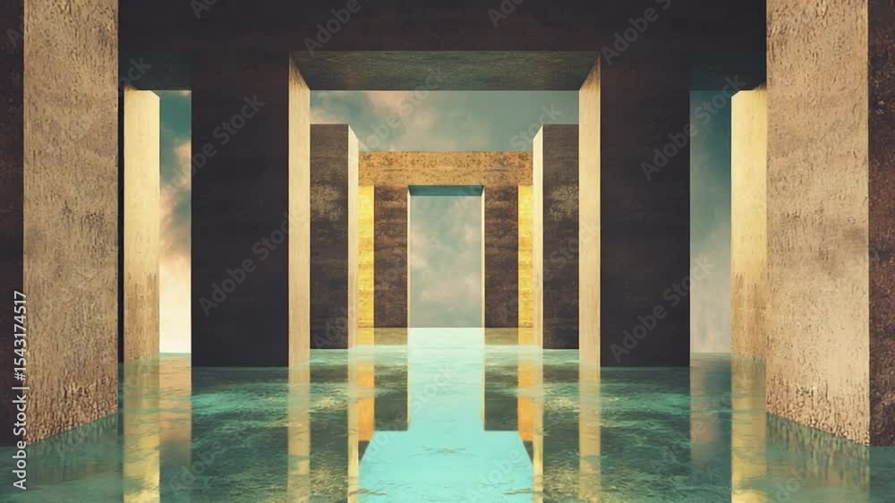 Poster Architectural Serenity: A captivating architectural visualization, showcasing an open pathway between pillars that frames a serene pool.