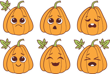 Pumpkin Cartoon Clipart Set for Halloween and Fall. Cute Pumpkin Cartoon Illustrations for Kids. Hand Drawn Pumpkin Cartoon Characters Collection. Funny Pumpkin Cartoon Set for Autumn Design