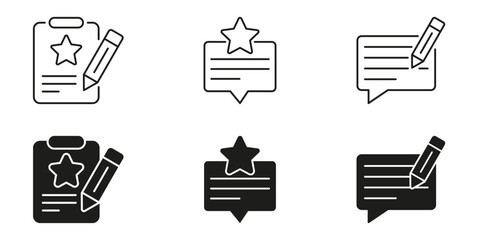 Clipboard And Speech Bubble With Star And Pencil Icon Set. Feedback, Review, And Rating Outline And Silhouette Symbol Collection. Evaluation And Commenting Tools. Isolated Vector Illustration