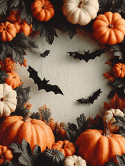 Udekorowana dyniami i liśćmi ramka z nietoperzami w tle, idealna na Halloween. Tajemnicza i świąteczna atmosfera czeka!