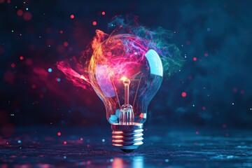 Futuristic concept light bulb with swirling colors, particles, creative process