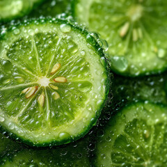Zbliżenie na świeże, zielone plasterki limonki, pokryte kropelkami wody. Soczysty i orzeźwiający cytrus, idealny do napojów i potraw.