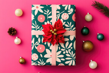 Beautifully wrapped gift box adorned with floral patterns and festive bow sits on vibrant pink background, surrounded by colorful ornaments and pine elements, evoking joyful holiday spirit