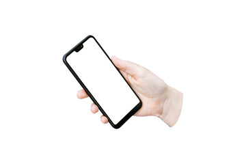 human hand holding a phone on a white background, hand