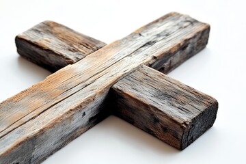 Rustic wooden cross, weathered and aged, symbolizing faith and spirituality.
