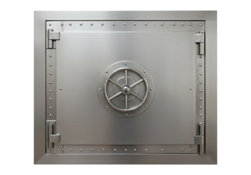Closed Steel Bank Vault Door with a Round Combination Lock. Cut Out, Clipping Path on Transparent Background.