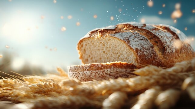 A beautifully sliced loaf of freshly baked bread sits amidst golden stalks of wheat under a bright sky, symbolizing nourishment, warmth, and the authenticity of homemade goods.