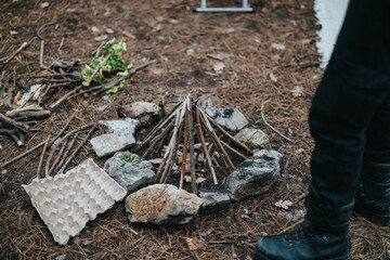 Preparation of a campfire with sticks arranged in a timber layout, a stone hearth, and surrounding...