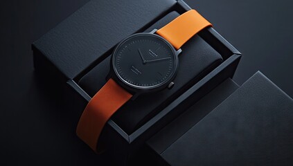Sleek black watch in orange band, presented in a black box