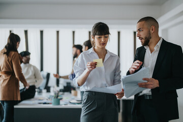 A group of business professionals collaborating in an office environment, discussing strategies and...