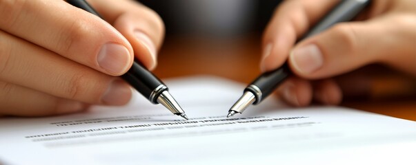 Close-up view of two business people holding pens and signing a trade contract document, completing a formal business agreement., Generative AI